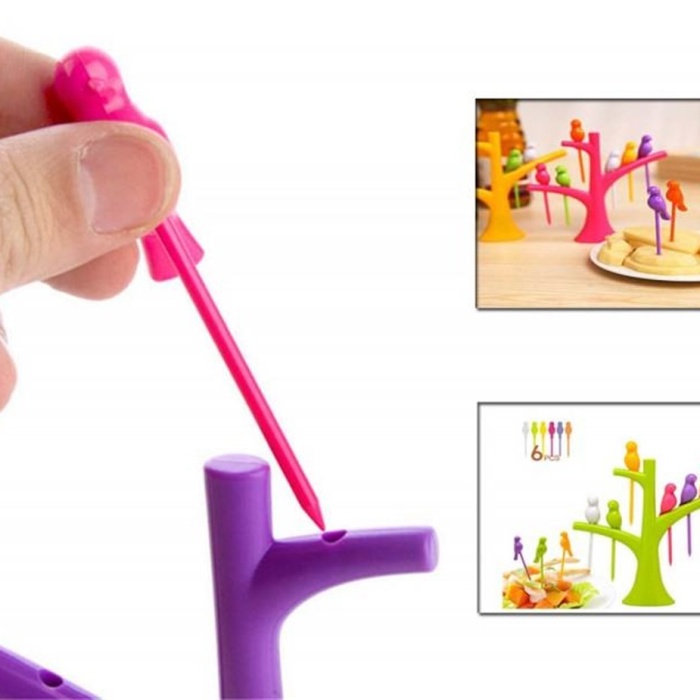 ® Ağaç Stantlı Kuş Şeklinde 6 adet Kokteyl Kürdan Seti