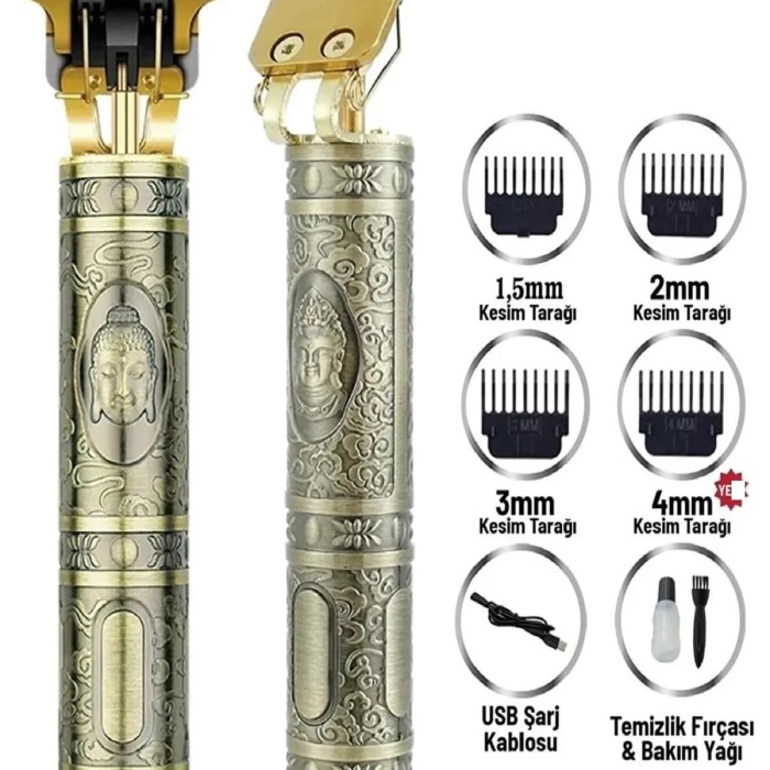 ® Gold Uçlu Vintage  Şarjlı Traş Makinesi Saç Sakal Ense Çizim Vucüt Kılı Tıraş Makinası