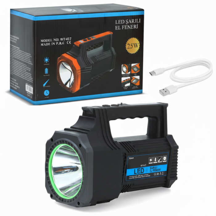 Biyomak® Şarjlı Dev Boy El Feneri 25W Süper Parlak LED El Lambası Kamp, Av ve Güvenlik İçin İdeal