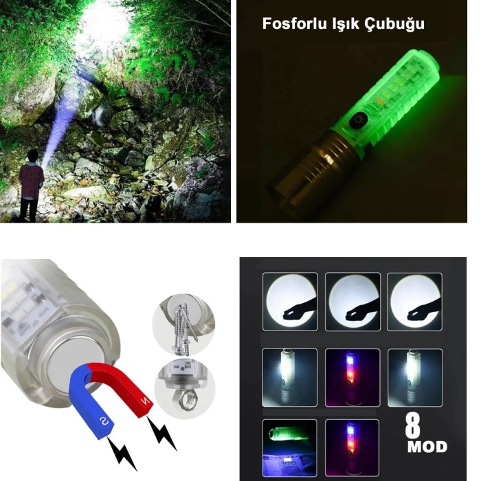 Biyomak® El Feneri 8 Mod Şarjlı Fosforlu Mıknatıslı Led El Feneri