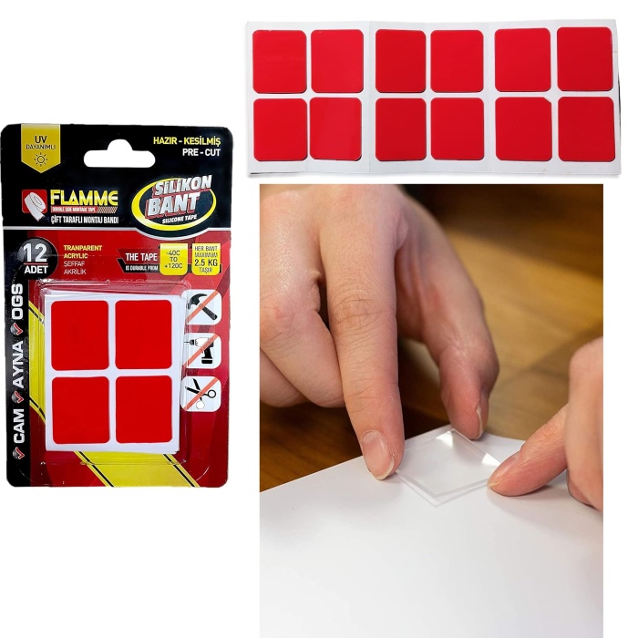 ® Montaj Bandı 2.5 KG - Çift Taraflı Hazır Kesilmiş Silikon Bant 12&amp;#39;li Montaj Bandı, Şeffaf