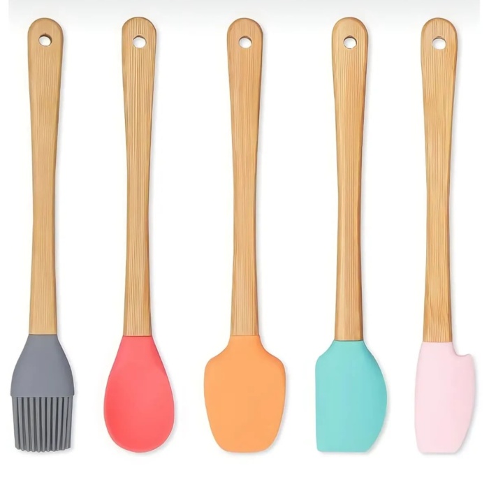 ® 5li Renkli Ahşap Saplı Silikon Uçlu Spatula Fırçalı Kaşık Seti Yemek Hazırlık Seti 21 Cm