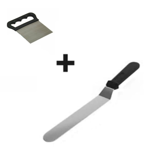 ® 2li Set Hamur Şekillendirici Eğik Pasta Spatulası ve Metal Hamur Kesici Kazıyıcı Spatula