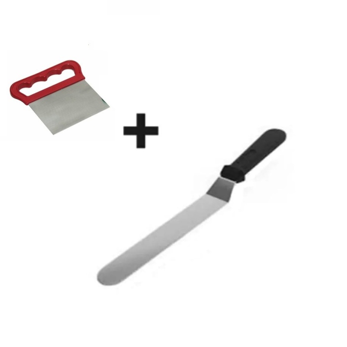 ® 2li Set Hamur Şekillendirici Eğik Pasta Spatulası ve Metal Hamur Kesici Kazıyıcı Spatula