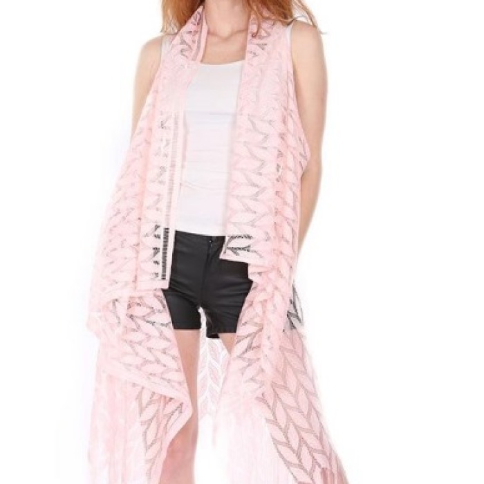 ® Pareo Dantel Yelek Mayo Bikini Üzeri Yaprak Desenli Püsküllü Plaj Elbisesi - Açık Pembe