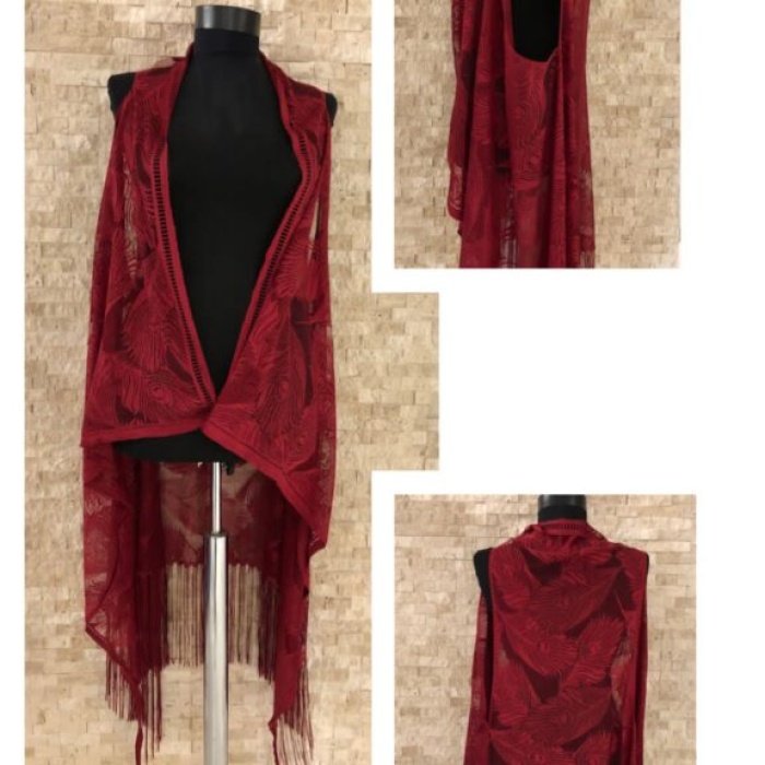 ® Pareo Dantel Yelek Mayo Bikini Üzeri Yaprak Desenli Püsküllü Plaj Elbisesi - Bordo