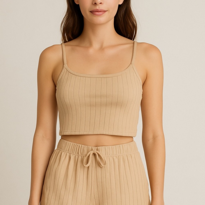 ® Crop Takım - Askılı Crop Takım Likralı Bej (XL)