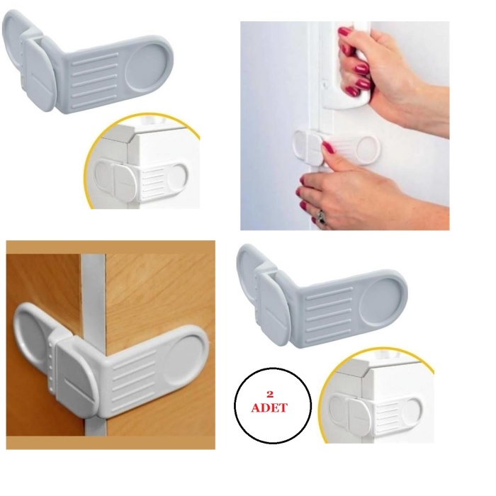 ® Bebek Çocuk Güvenlik Çekmece ve Dolap İçin Kendiliğinde Yapışkanlı Vidasız Köşe Kapak Kilidi x 2 Adet
