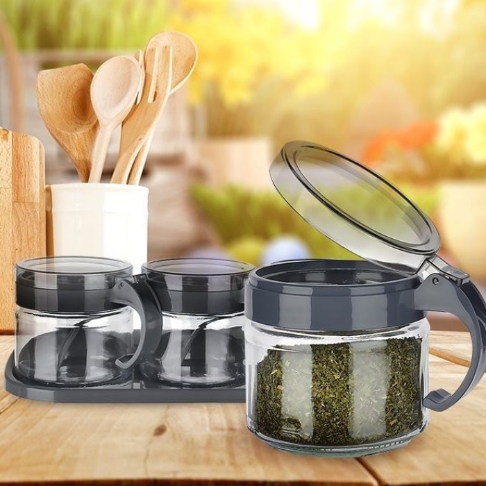 ® Baharat Seti 3 Adet Kaşıklı Standlı Cam Baharatlık