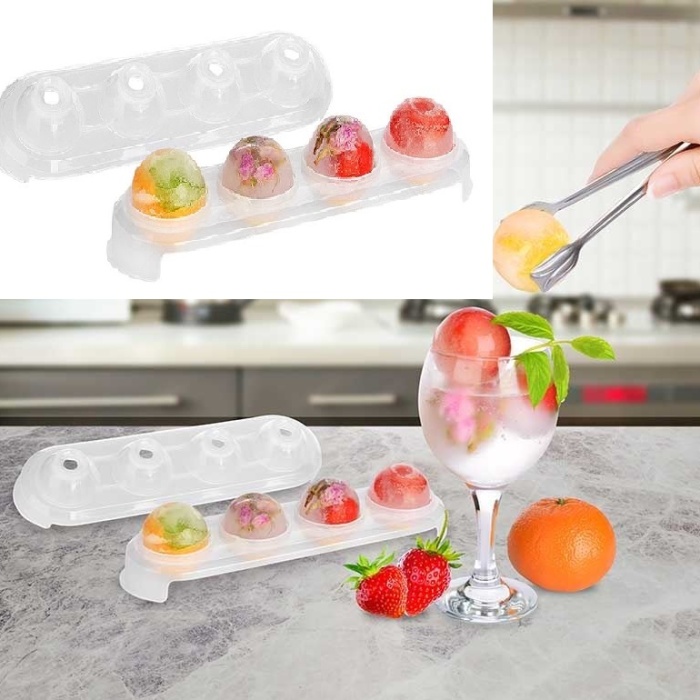 Biyomak® Silikon Tabanlı 4 Bölmeli Şeffaf Buz Kalıbı Yuvarlak Buzluk