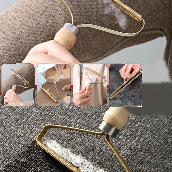 ® Ahşap Saplı Metal Kazak - Elbise - Halı Tüyü Temizleme Çift Taraflı Tüy Tiftik Toparlayıcı