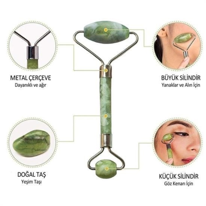 Biyomak® Özel Süngerli Kutusunda Kırılmaz Çift Taraflı 2li Cilt Yüz Masaj Aleti Jade Roller Yeşim Taş