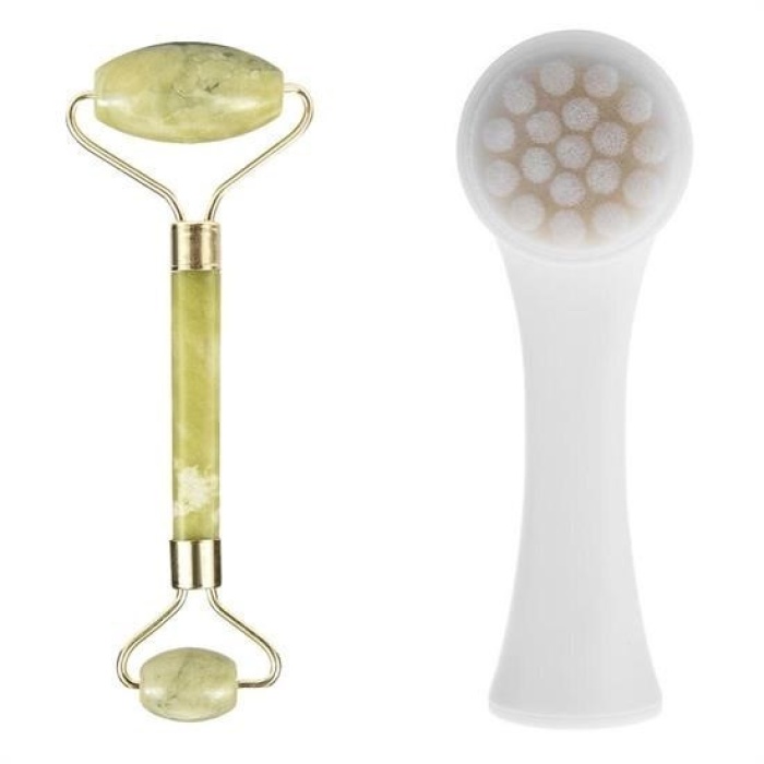 Biyomak® 2li Set Çift Taraflı Cilt Temizleme Fırçası ve Yeşim Taşı Çift Taraflı Cilt Masaj Aleti