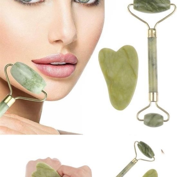 Biyomak® Çift Taraflı 2li Cilt Yüz Masaj Aleti Jade Roller Yeşim  Taşı Seti