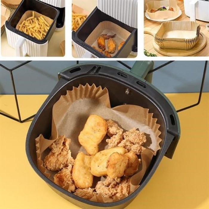 Biyomak®  50 Adet Air Fryer Pişirme Kağıdı Tek Kullanımlık Yağ Geçirmez Yapışmaz Kare Tabak Model PVC