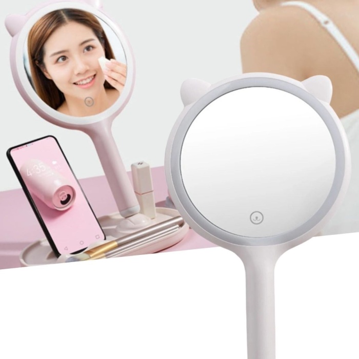 Biyomak®  Kedi Kulaklı Telefon Standlı Yuvarlak Dokunmatik Led Ayarlı Masa Üstü Makyaj Aynası