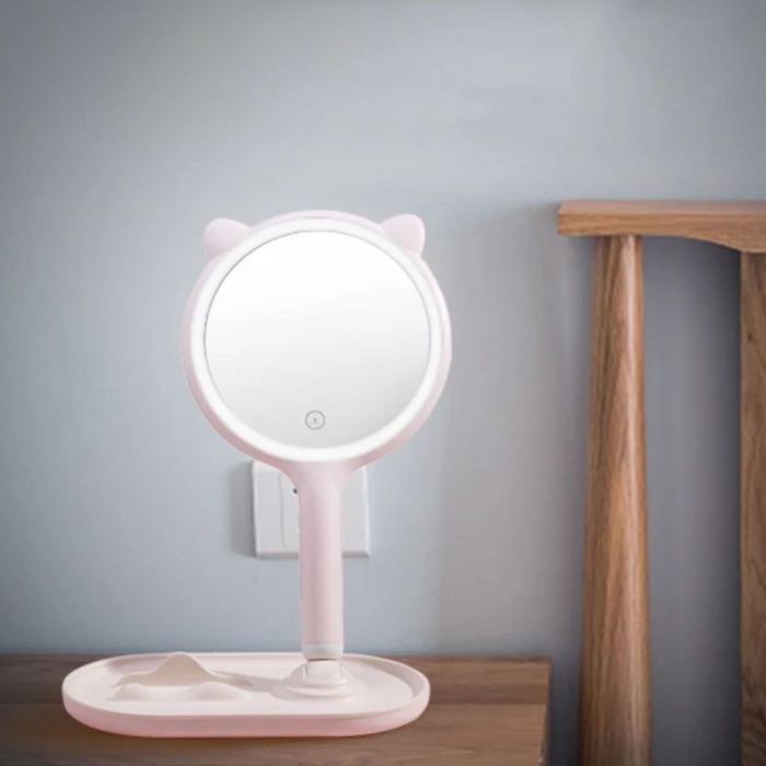Biyomak®  Kedi Kulaklı Telefon Standlı Yuvarlak Dokunmatik Led Ayarlı Masa Üstü Makyaj Aynası