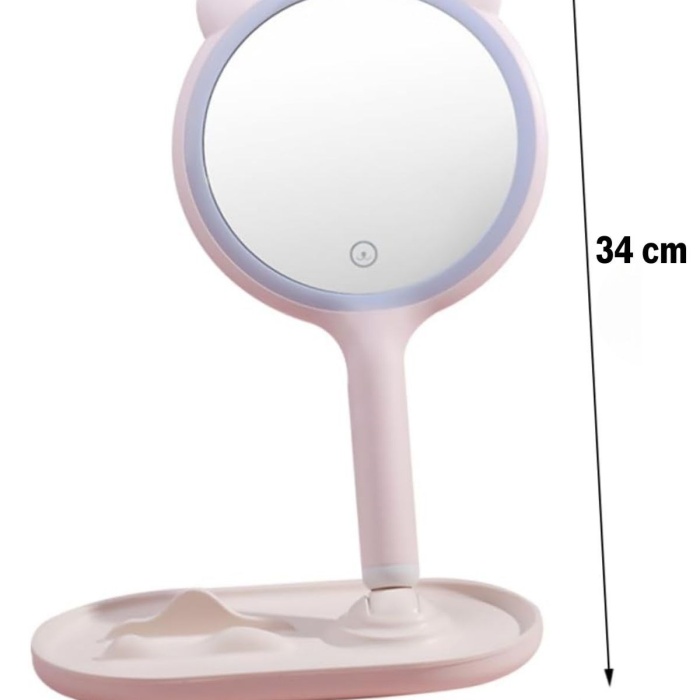 Biyomak®  Kedi Kulaklı Telefon Standlı Yuvarlak Dokunmatik Led Ayarlı Masa Üstü Makyaj Aynası