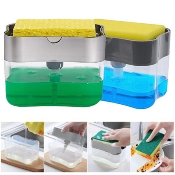 ®  İkisi Bir Arada  Basmalı Pratik Sıvı Sabunluk Pompası ve Bulaşık Yıkama Süngeri Haznesi