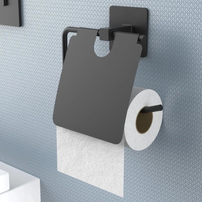 ®  Kendiliğinden Yapışkanlı Siyah Paslanmaz Metal Kapaklı Tuvalet Kağıtlığı Aparatı