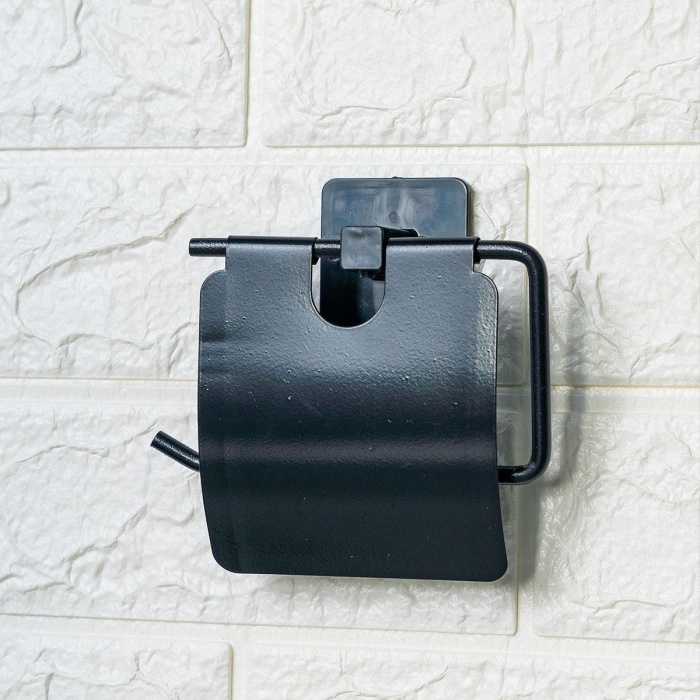 ®  Kendiliğinden Yapışkanlı Siyah Paslanmaz Metal Kapaklı Tuvalet Kağıtlığı Aparatı