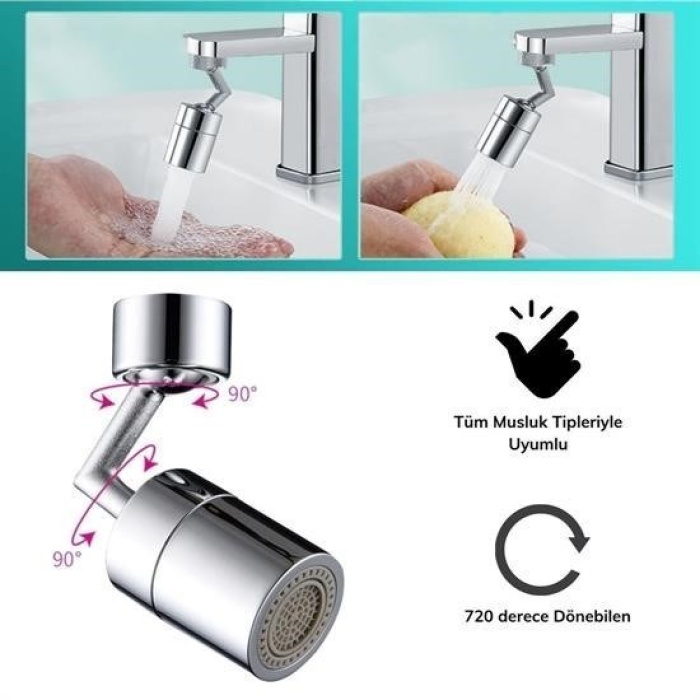 ®   720 Derece Dönebilen 4 Filtreli Tüm Musluk Tipleri İle Uyumlu Montaj Aparatlı Musluk Başlık