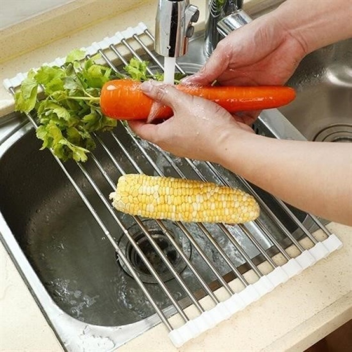 ®  Evye Üstü Katlanır Nihale Paslanmaz Çelik Pratik Sebze Meyve Bulaşık Kurutma Süzgeci