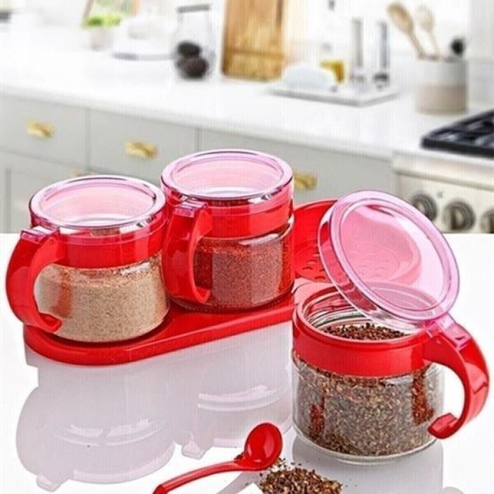 ®   Kırmızı 3lü Standlı Kapaklı Kaşıklı Cam Hava Sızdırmaz Baharatlık Takımı  KC-386