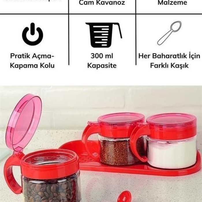 ®   Kırmızı 3lü Standlı Kapaklı Kaşıklı Cam Hava Sızdırmaz Baharatlık Takımı  KC-386