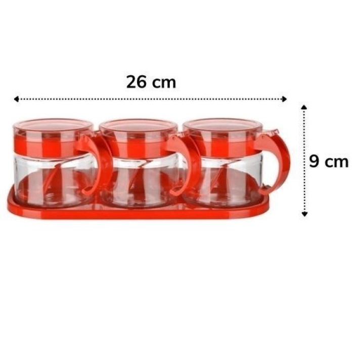 ®   Kırmızı 3lü Standlı Kapaklı Kaşıklı Cam Hava Sızdırmaz Baharatlık Takımı  KC-386