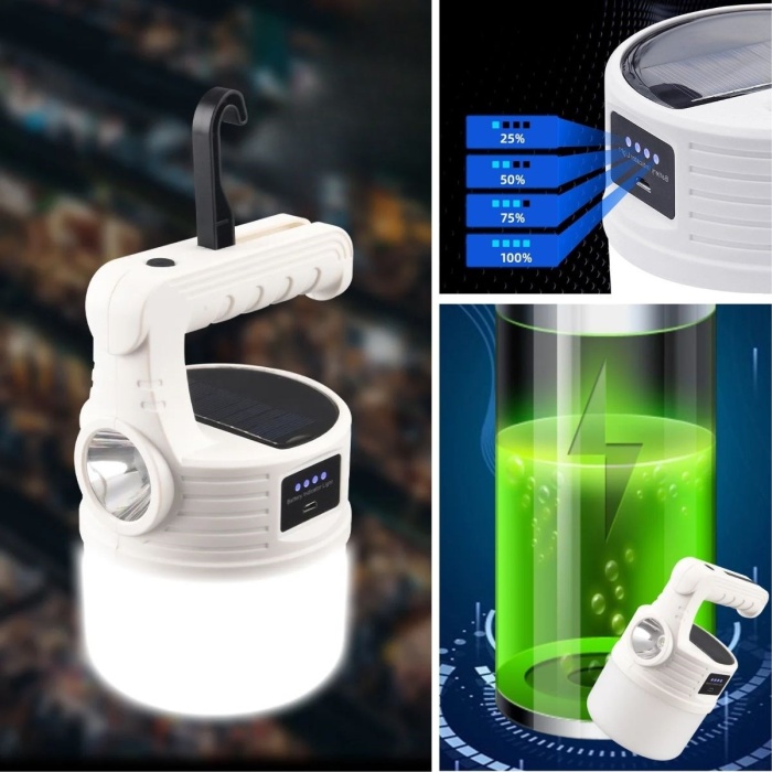 Biyomak®  LED Güneş Enerjili Kamp Lambası–2000 Lümen Süper Parlak, 5 Aydınlatma Modlu,USB ile Şarj Edilebilir Dış Mekan,Asılabilir Torch El Feneri