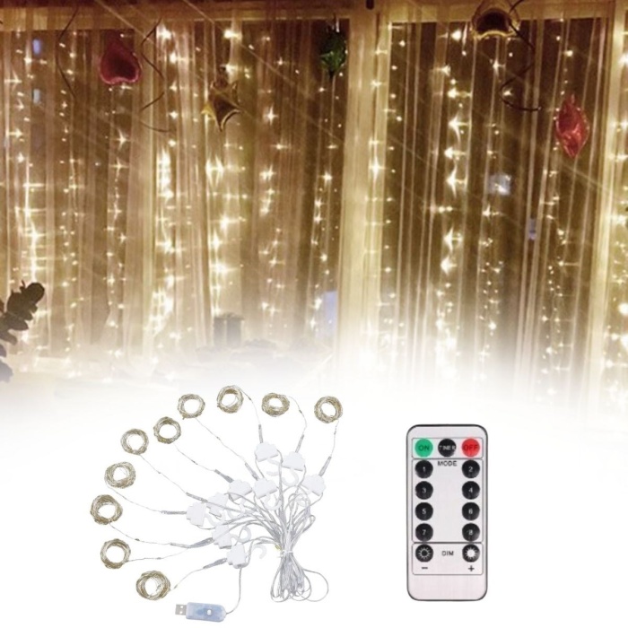 Biyomak®  Uzaktan Kumandalı LED Perdeye Takılabilen Kancalı Işık Usb 3x3 Metre Peri Perde LED