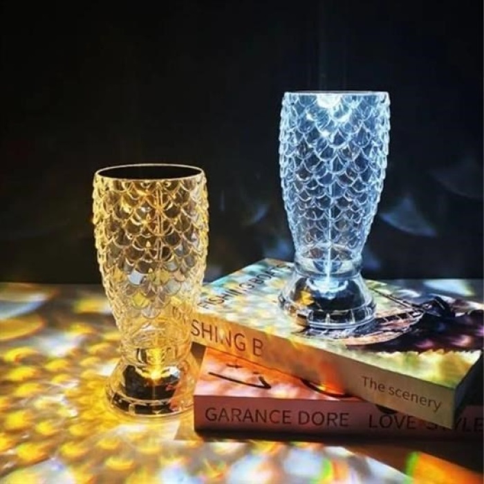 Biyomak®  Balık Süzgeç Model USB Şarjlı Kumandalı 16Farklı Işık Modlu Masa Üstü Kristal Akrilik Led