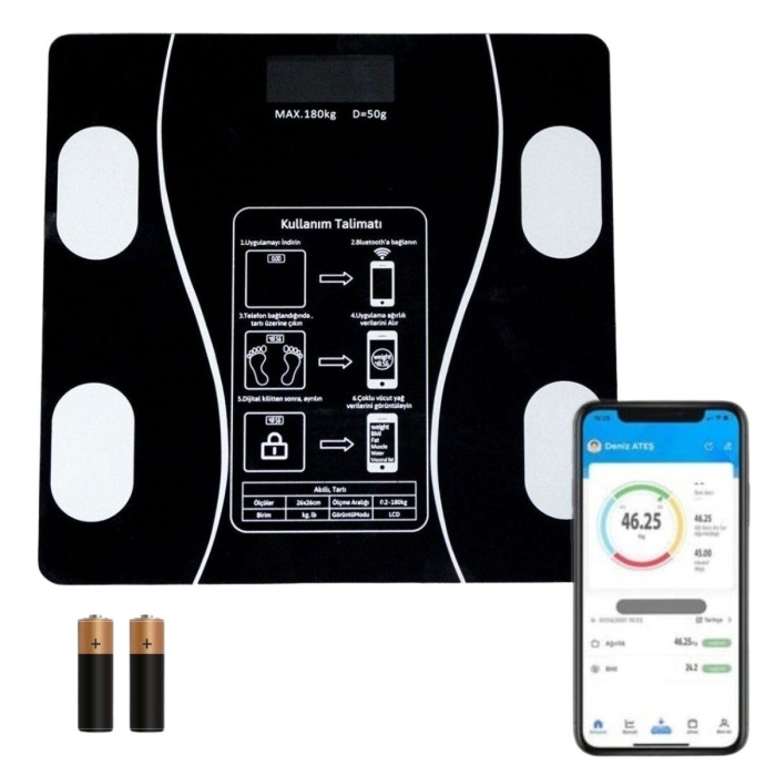 Biyomak®  Dijital Baskül Yağ Ölçer Fonksiyonlu Akıllı Baskül Bluetooth Bağlantılı Tartı
