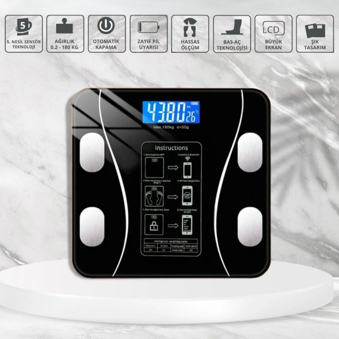 Biyomak®  Dijital Baskül Yağ Ölçer Fonksiyonlu Akıllı Baskül Bluetooth Bağlantılı Tartı