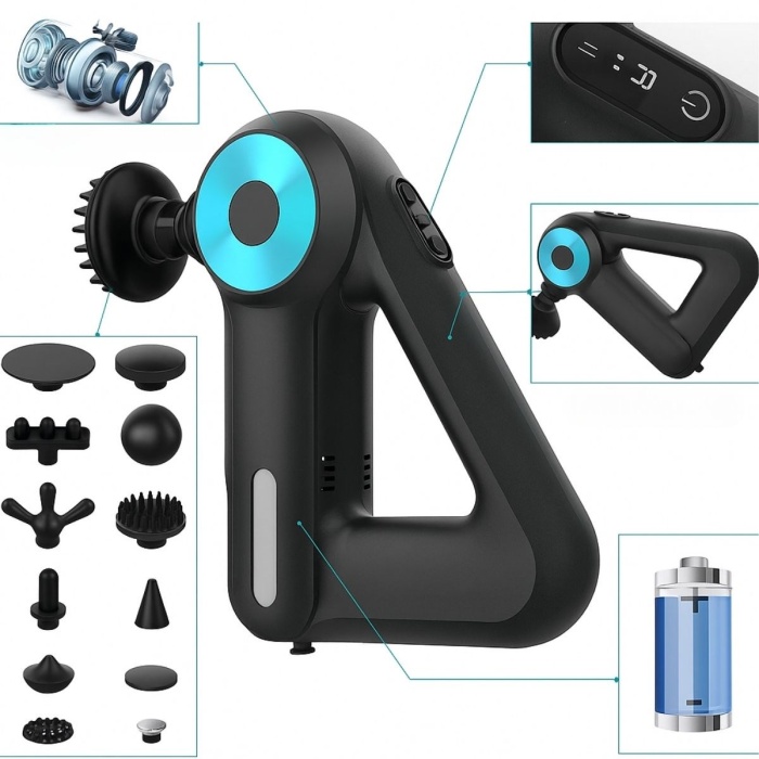 Biyomak®  12 Farklı Başlıklı Profesyonel Masaj Tabancası - Kas Gevşetici ve Yorgunluk Giderici Masaj Aleti