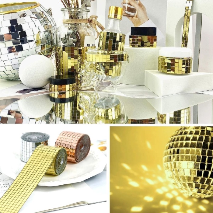 Biyomak® 1 Metre Uzunluğunda Gold Renk Aynalı Mozaik Taşlı Dekor Bandı 4 cm x 1 mt