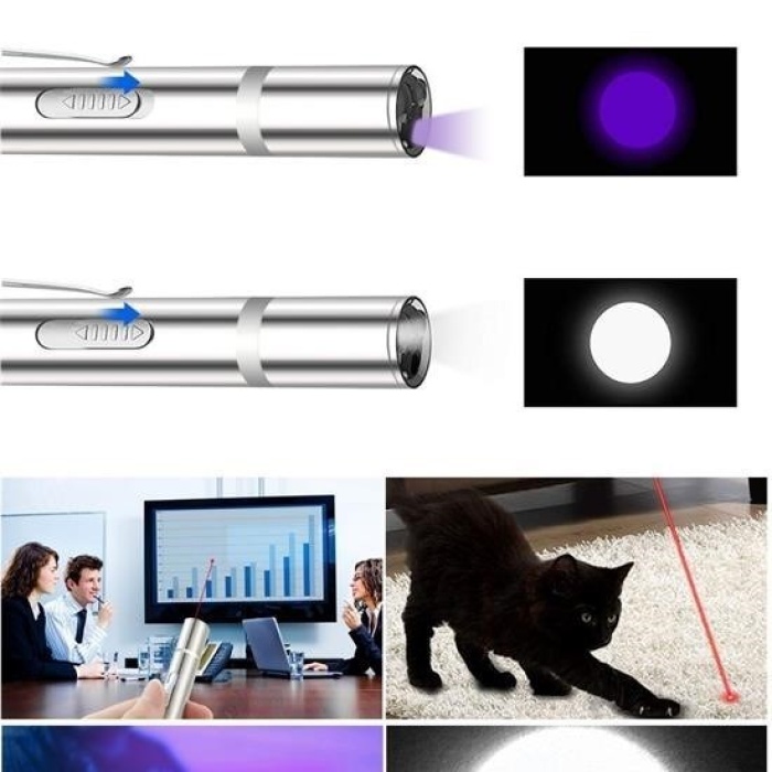 Biyomak® Usb İle Şarj Edilebilen 3In 1 Kırmızı Işık +Beyaz Led Meşale Işık + Uv El Feneri Kedi Lazeri