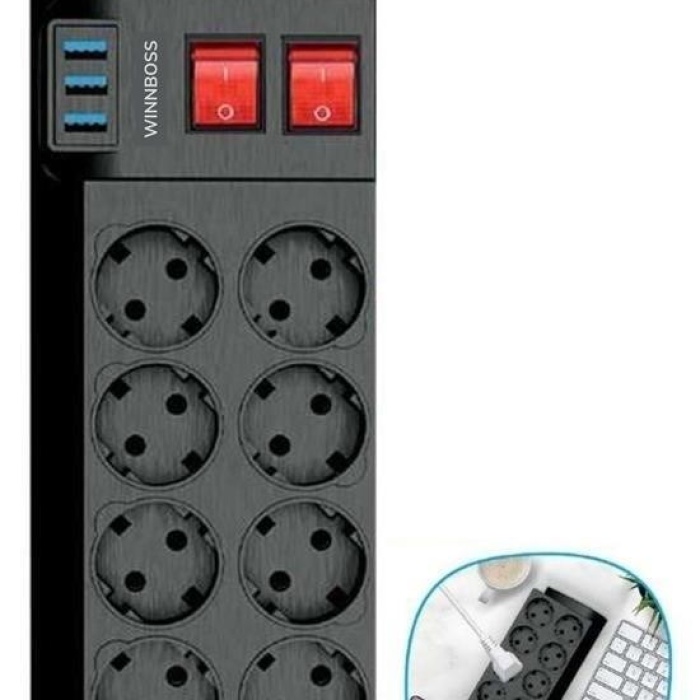 Biyomak® Isıya Dayanıklı Termal Akım Korumalı 2 Metre 16A 4000W 8li Priz ve 3 Usb Li Uzatma Kablosu