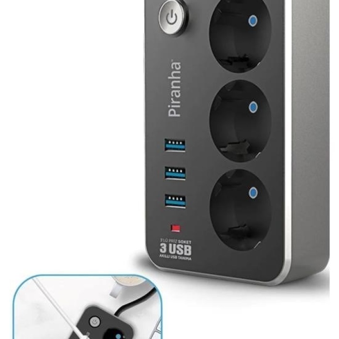 Biyomak® Isıya Dayanıklı Termal Akım Korumalı 2 Mt 10A 2500W 3lü Priz ve 3 Usbi 21A Uzatma Kablosu