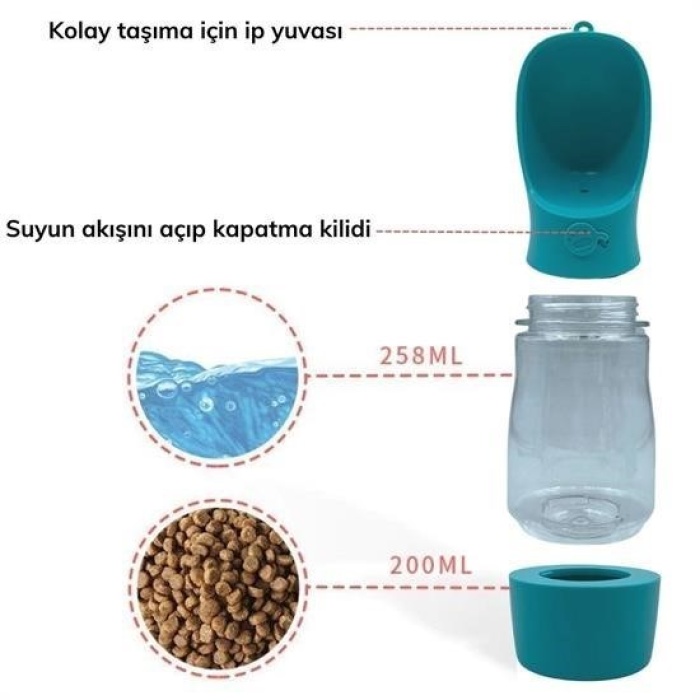 Biyomak® Taşınabilir Mama Hazneli Evcil Hayvan Suluğu Seyahat Kabı Kilitlenebilen Su Sızdırmaz 380ML