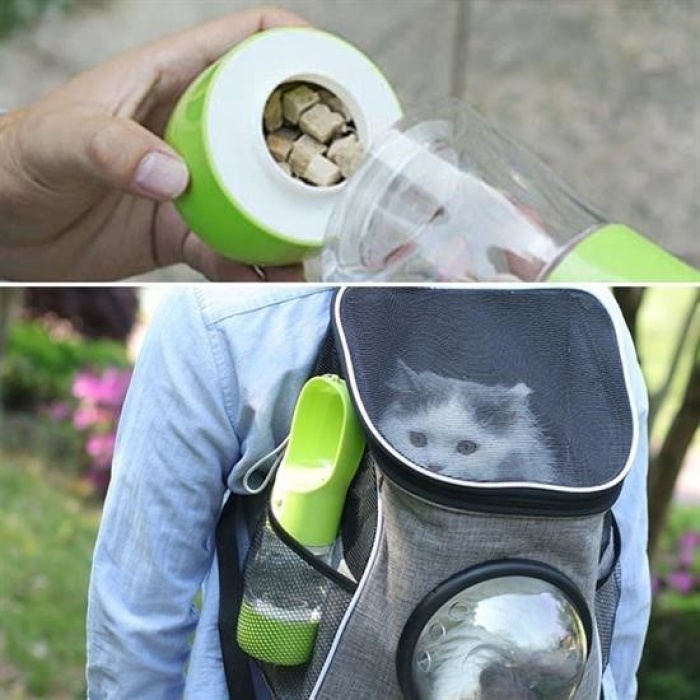 Biyomak® Taşınabilir Mama Hazneli Evcil Hayvan Suluğu Seyahat Kabı Kilitlenebilen Su Sızdırmaz 380ML