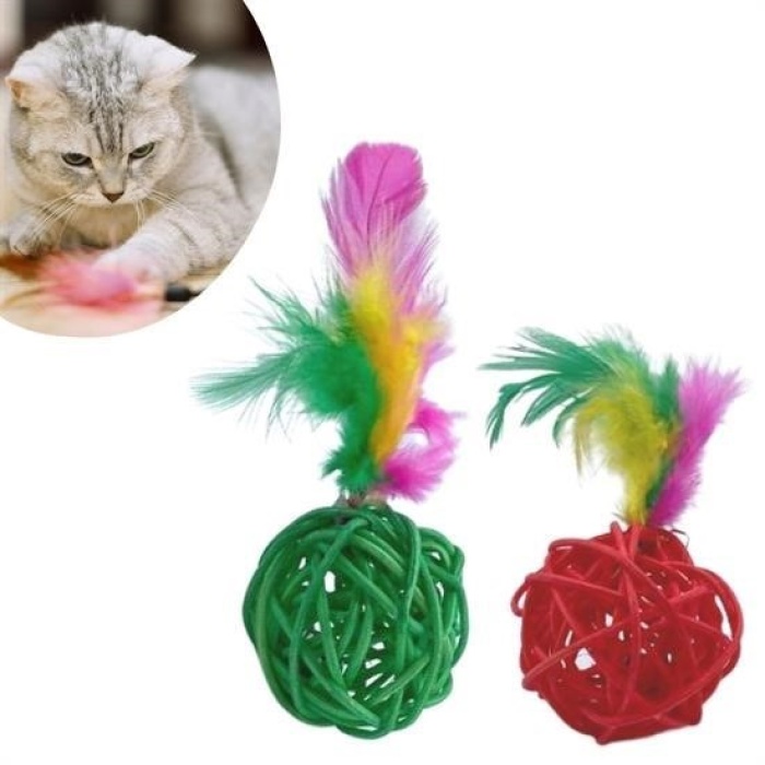 ® 2li Rattan Renkli Peluş Tüy Kedi Köpek Oyuncak Yakalama Çiğneme Çıngıraklı Top Oyuncağı