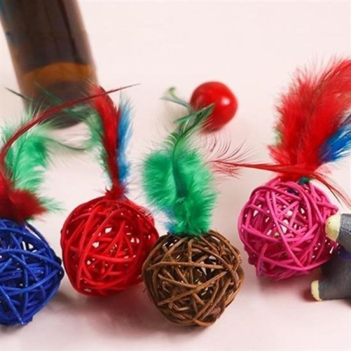 ® 2li Rattan Renkli Peluş Tüy Kedi Köpek Oyuncak Yakalama Çiğneme Çıngıraklı Top Oyuncağı