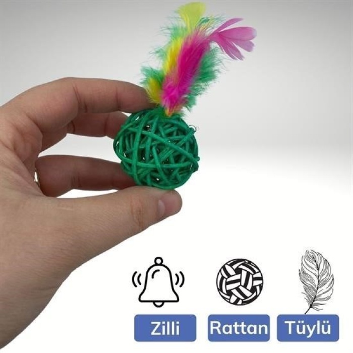® 2li Rattan Renkli Peluş Tüy Kedi Köpek Oyuncak Yakalama Çiğneme Çıngıraklı Top Oyuncağı
