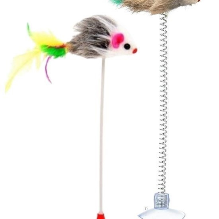 Biyomak® 2li Vantuzlu Fareli Tüylü Hareketli Çanlı ve Esneyen Eğlenceli Peluş Kedi Oyuncağı