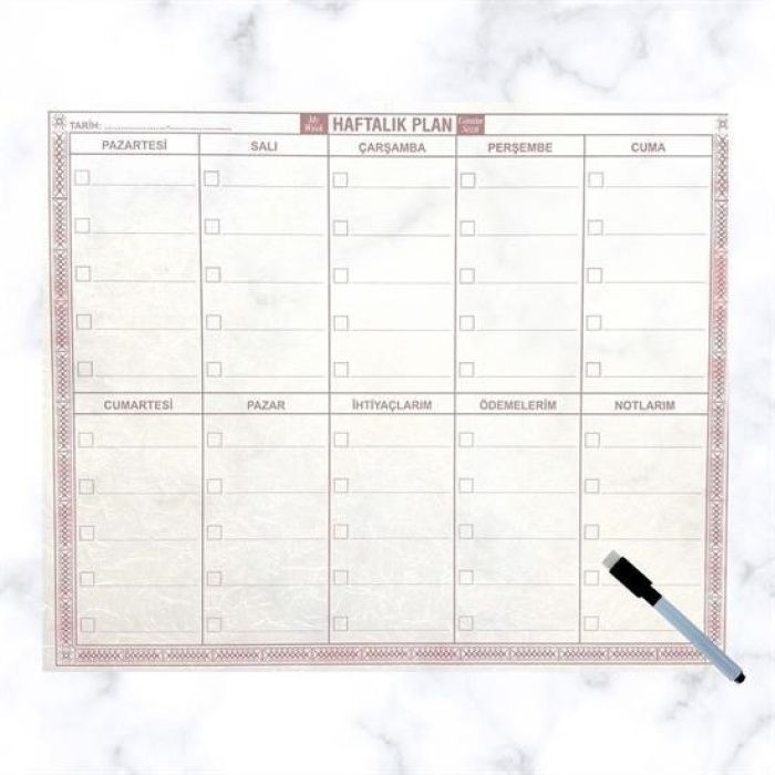 Biyomak® Şeffaf Kendiliğinden Yapışkanlı Kalemli Haftalık Planlayıcı 40cm-50cm