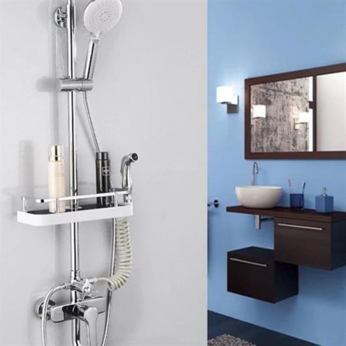 Biyomak® Banyo Direğine Asılabilir Köşelik Şampuanlık Sabunluk Çift Askılı Düzenleyici Raf Paslanmaz