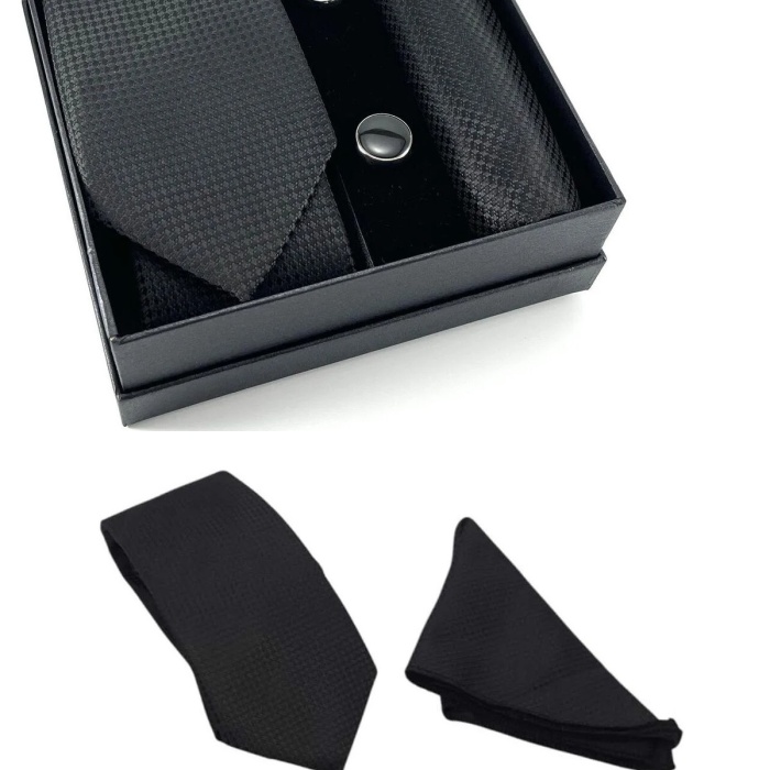 Biyomak® Kravat Düğme Set Siyah Desenli Kravat Mendil Kol Düğmesi Özel Set