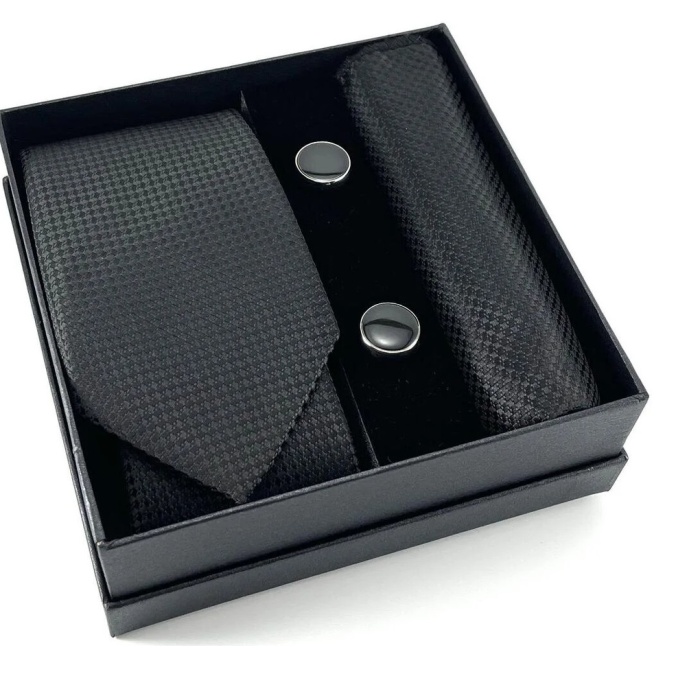 Biyomak® Kravat Düğme Set Siyah Desenli Kravat Mendil Kol Düğmesi Özel Set